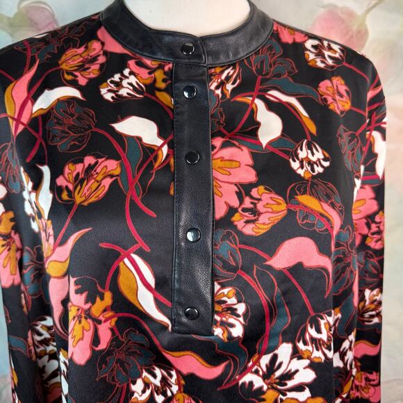 Marc New York Andrew Marc Floral Longsleeve Button Front Faux Leather Top - Picture 2 of 5